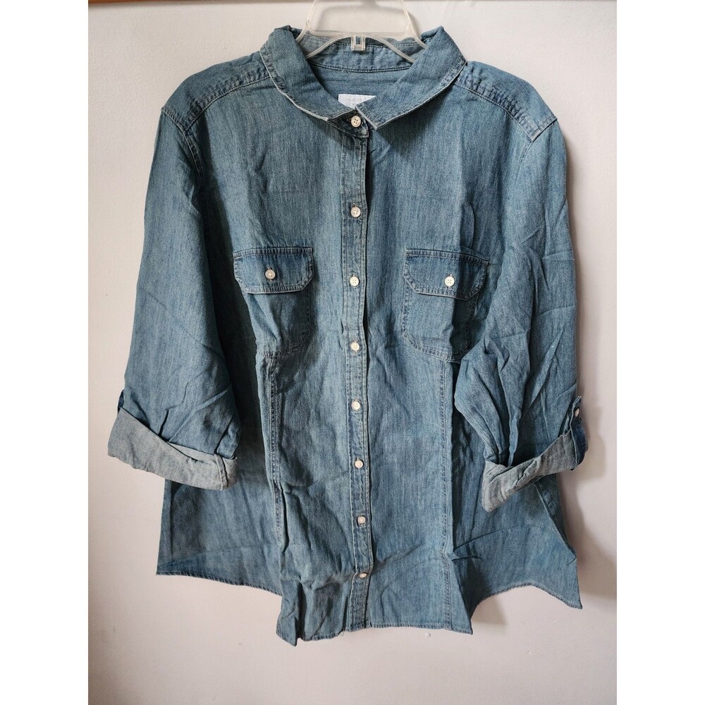 Charter Club Women's Chambray Denim Pearl Button Roll-Tab Sleeve Shirt  24W New